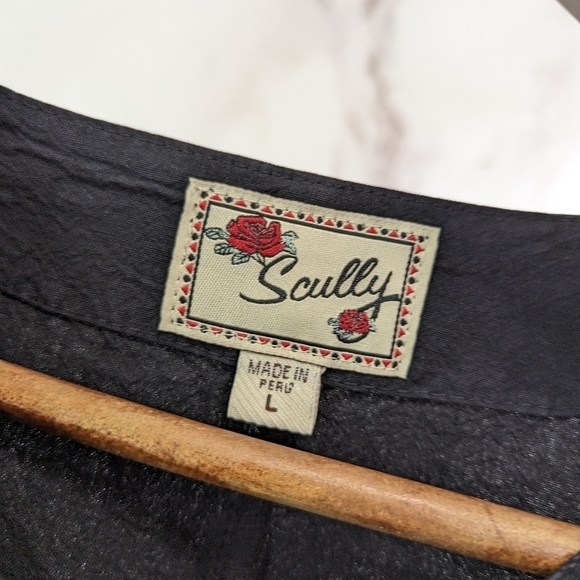 Scully Shirt Womens Large Black Button Up V Neck Ruffle Sleeve Embroidered - Picture 3 of 14